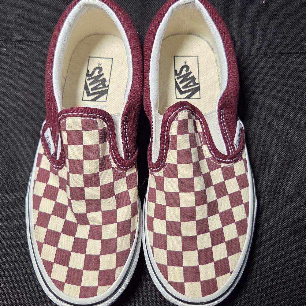 Vans Kids Burgundy and Cream Checkered Slip-On Sneakers
